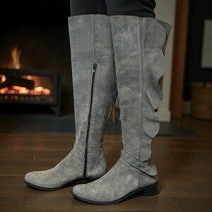 TIBI Knee High Boots Gray Suede Ruffle Flat Shoes Womens 39.5 US 9 Made In Italy